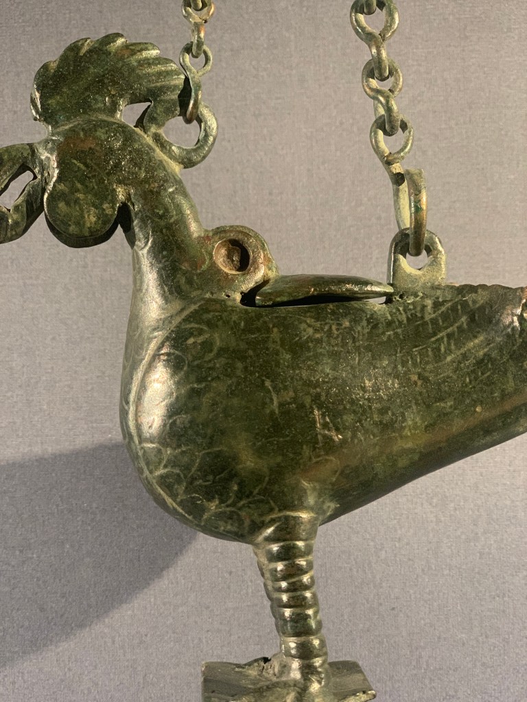 Oil lamp in the shape of a cock, 6th century, cast bronze