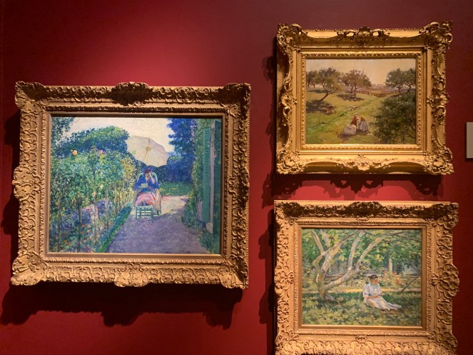 Woman seated in a garden, by Frederick Carl Frieseke (left), 'Apple Orchard' by Luther Emerson Van Gorder (top), 'Nettie reading', Theodore Robinson (bottom)